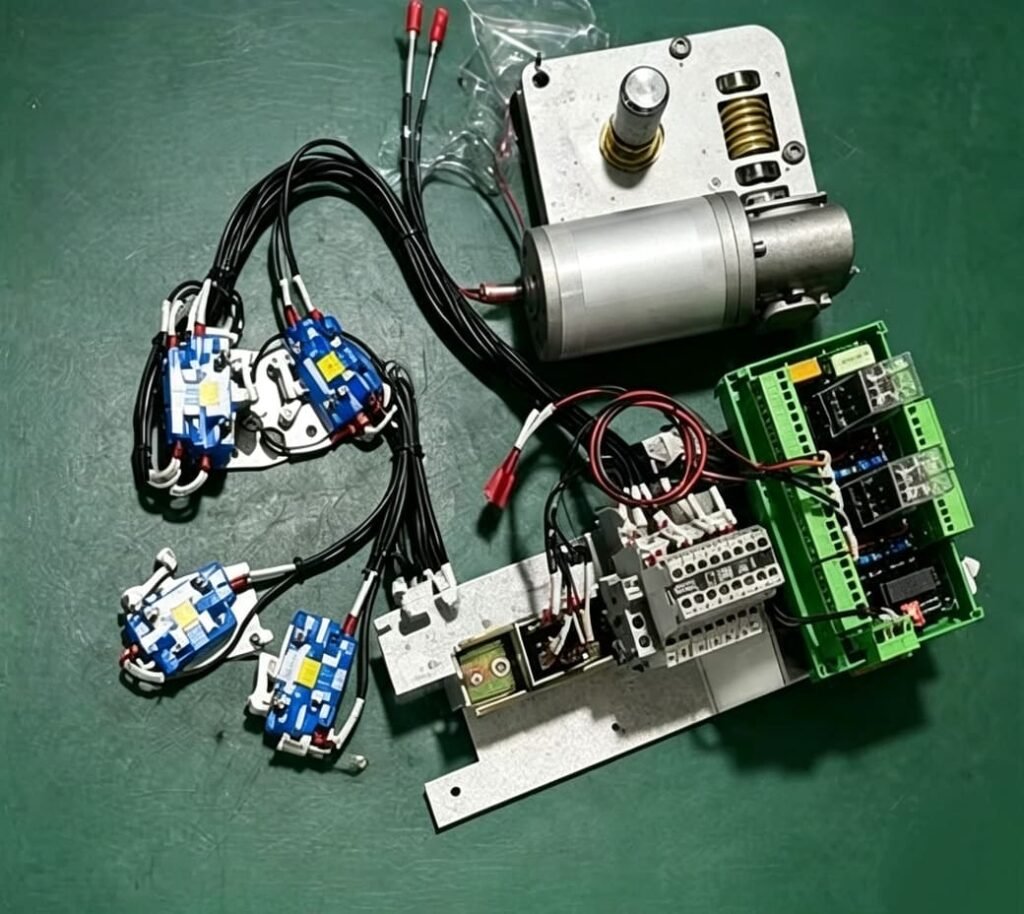 Disassembled RMU motorized operating mechanism, drive motor, auxiliary contacts and wiring harness for ring main unit troubleshooting