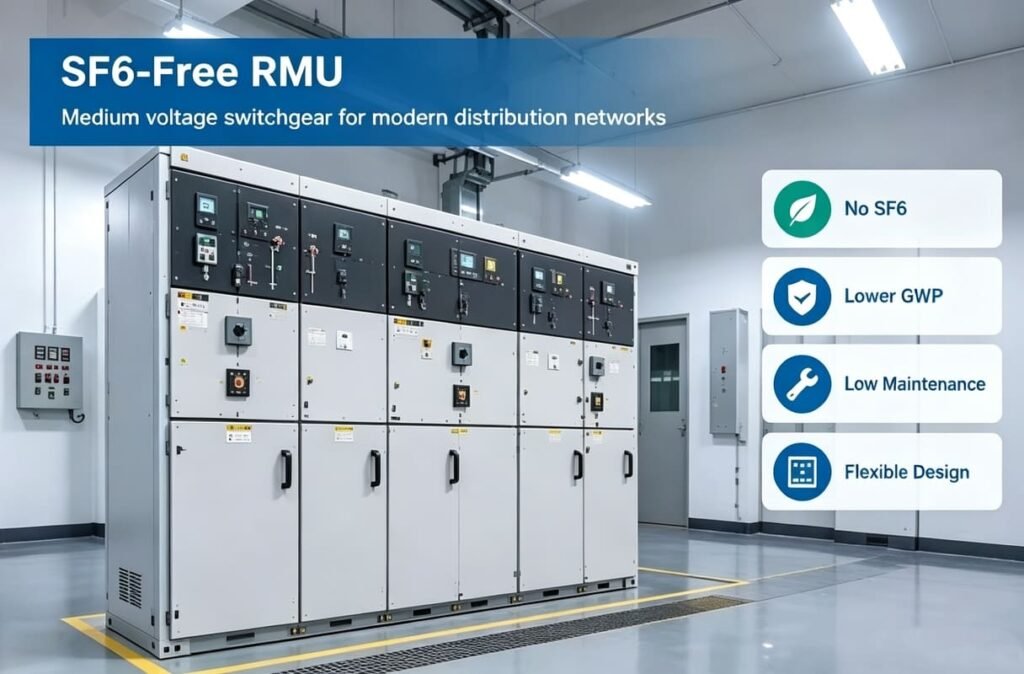 SF6-free RMU advantages illustration, highlighting no SF6, lower GWP, low maintenance and flexible design for medium voltage switchgear