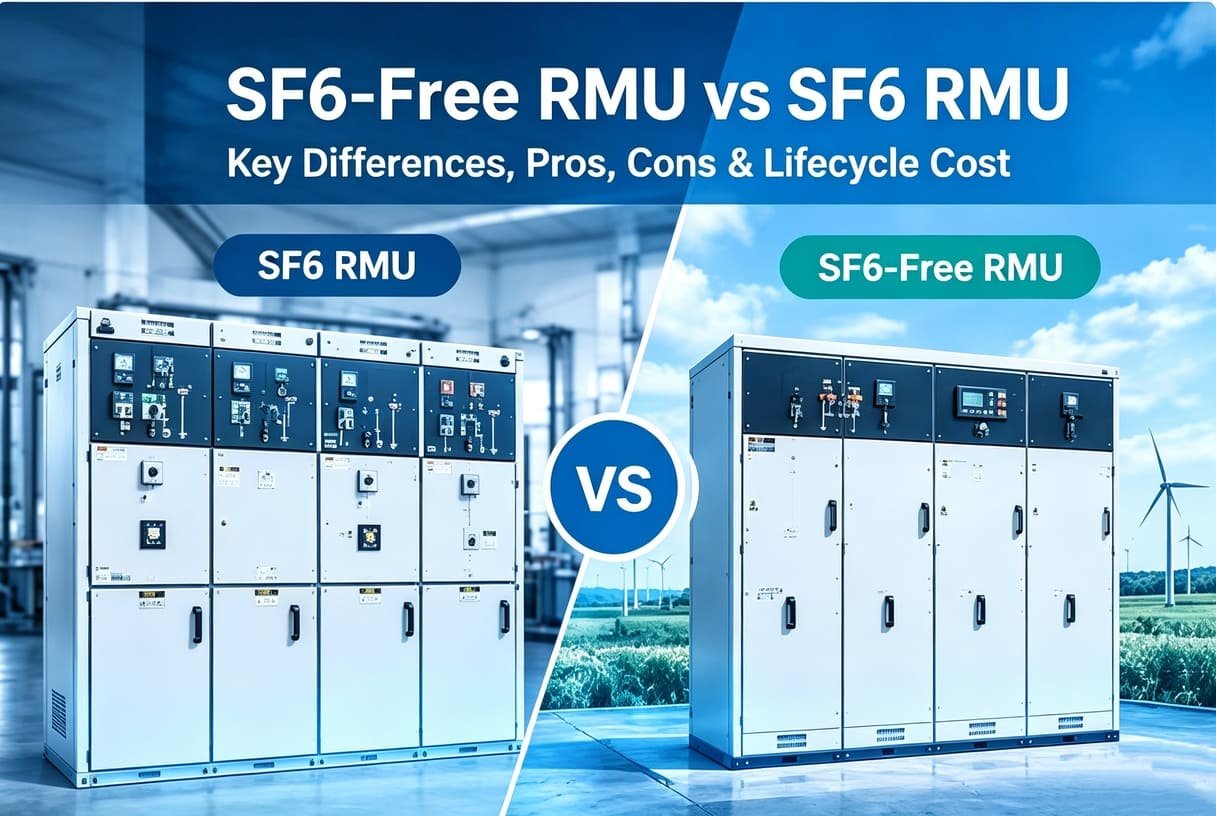SF6-free RMU vs SF6 RMU comparison, showing conventional SF6 ring main unit and modern SF6-free ring main unit for medium voltage distribution