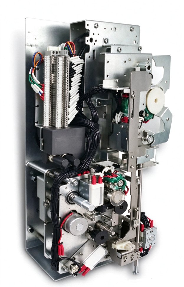 RMU motorization retrofit mechanical interface, side view of motorised operating mechanism assembly