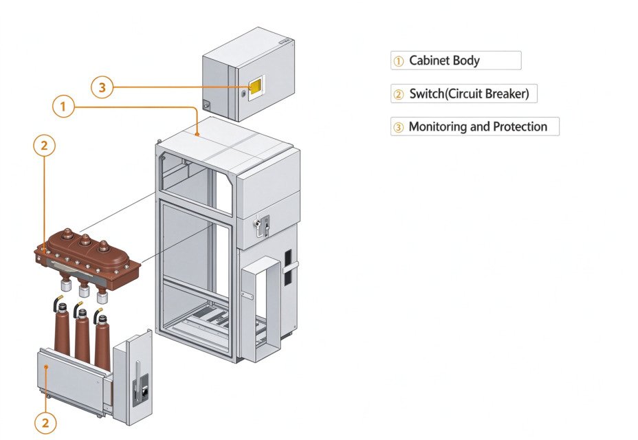 SM6-36 switchgear exploded view diagram of cabinet body, switch and monitoring protection parts