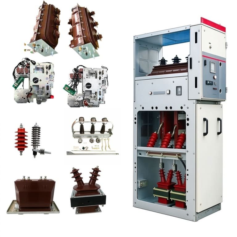 Medium voltage ring main unit (RMU) and spare accessories including load switch, voltage transformer, lightning arrester for power distribution