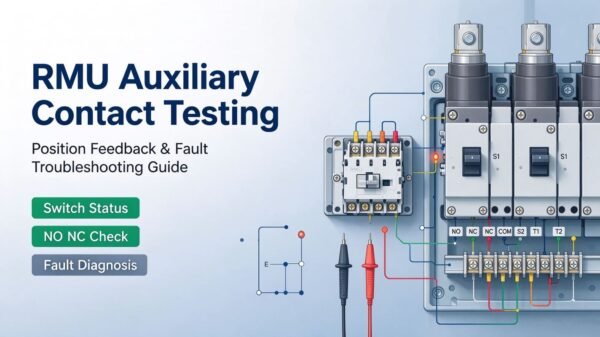 RMU auxiliary contact testing guide, including switch position feedback, NO NC status check and fault troubleshooting