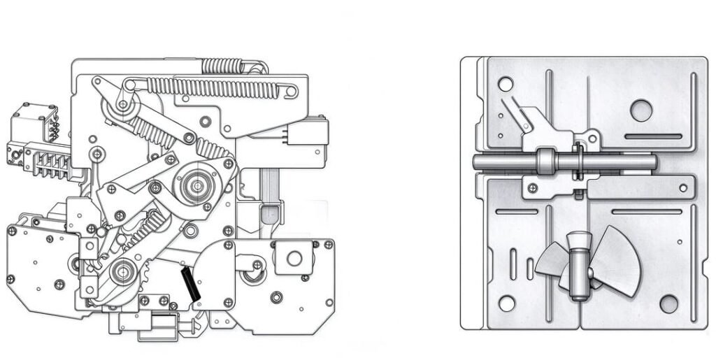 Detailed engineering drawing of RMU mechanical interlock mechanism, showing cam, linkages, lock pin and return spring components for medium voltage switchgear.