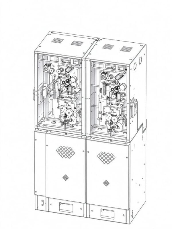 Technical line drawing of ring main unit cabinet with RMU mechanical interlock system, medium voltage switchgear safety mechanism