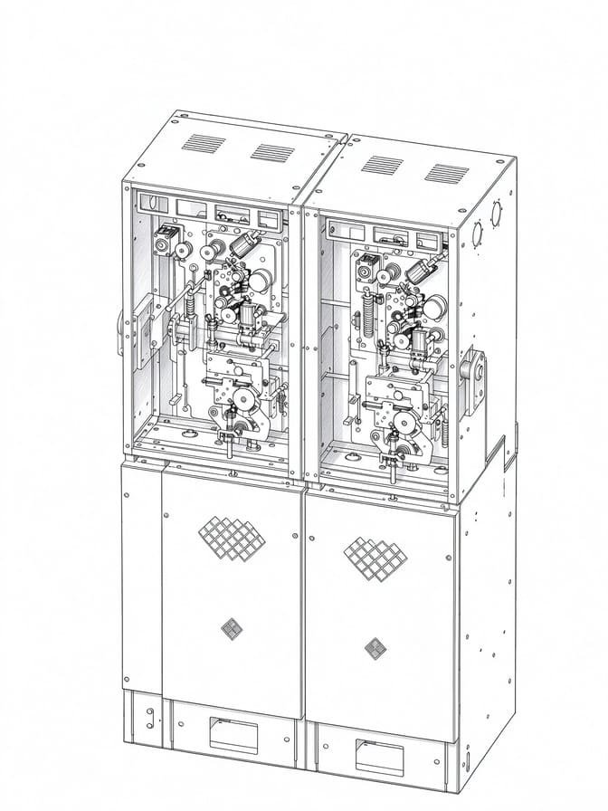 Technical line drawing of ring main unit cabinet with RMU mechanical interlock system, medium voltage switchgear safety mechanism.