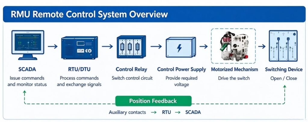 RMU remote control system overview diagram, showing signal flow from SCADA, RTU/DTU to motorized mechanism and position feedback
